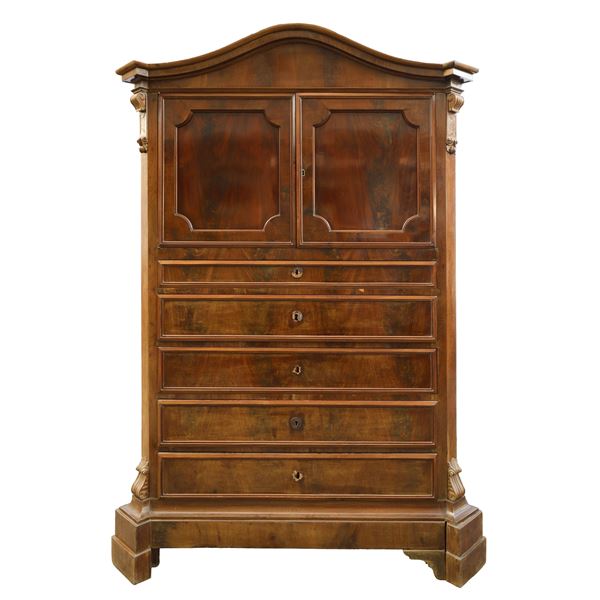 Chiffonier in mahogany feather wood with 5 drawers and two doors in the upper part