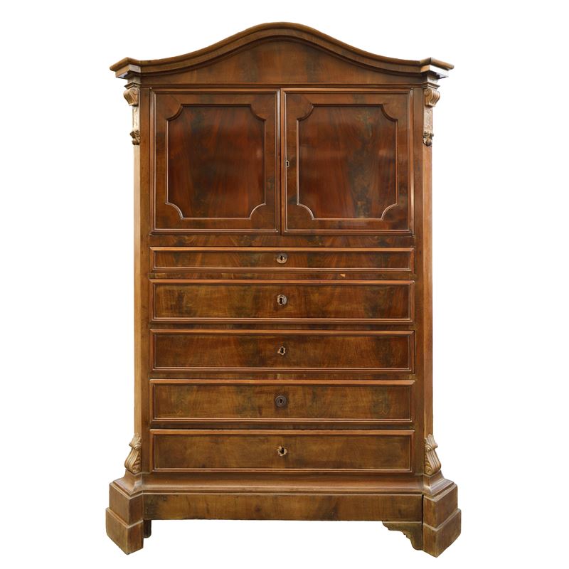 Chiffonier in Legno di Piuma di Mogano con 5 Cassetti e Due Sportelli nella Parte Superiore