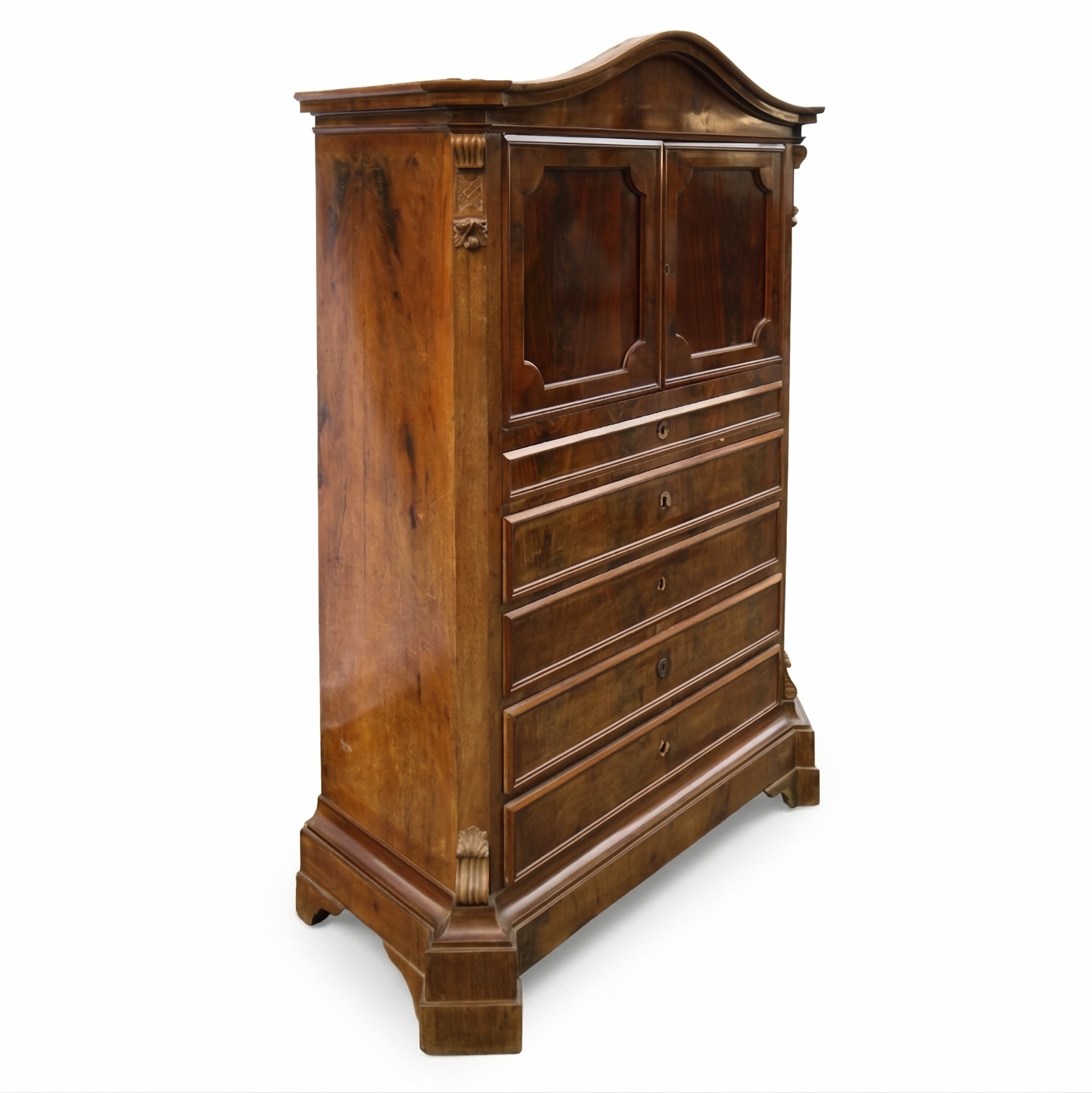 Chiffonier in Legno di Piuma di Mogano con 5 Cassetti e Due Sportelli nella Parte Superiore