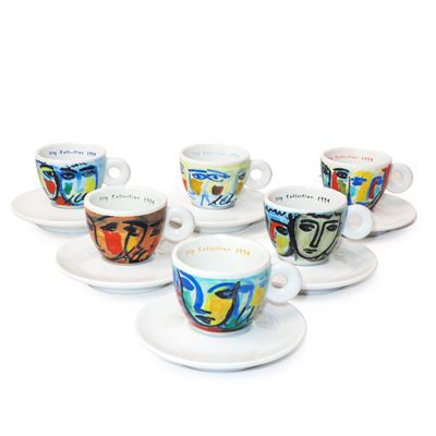 Sandro Chia, Servizio da caffè “Facce italiane” con 6 tazzine e piattini, ceramica