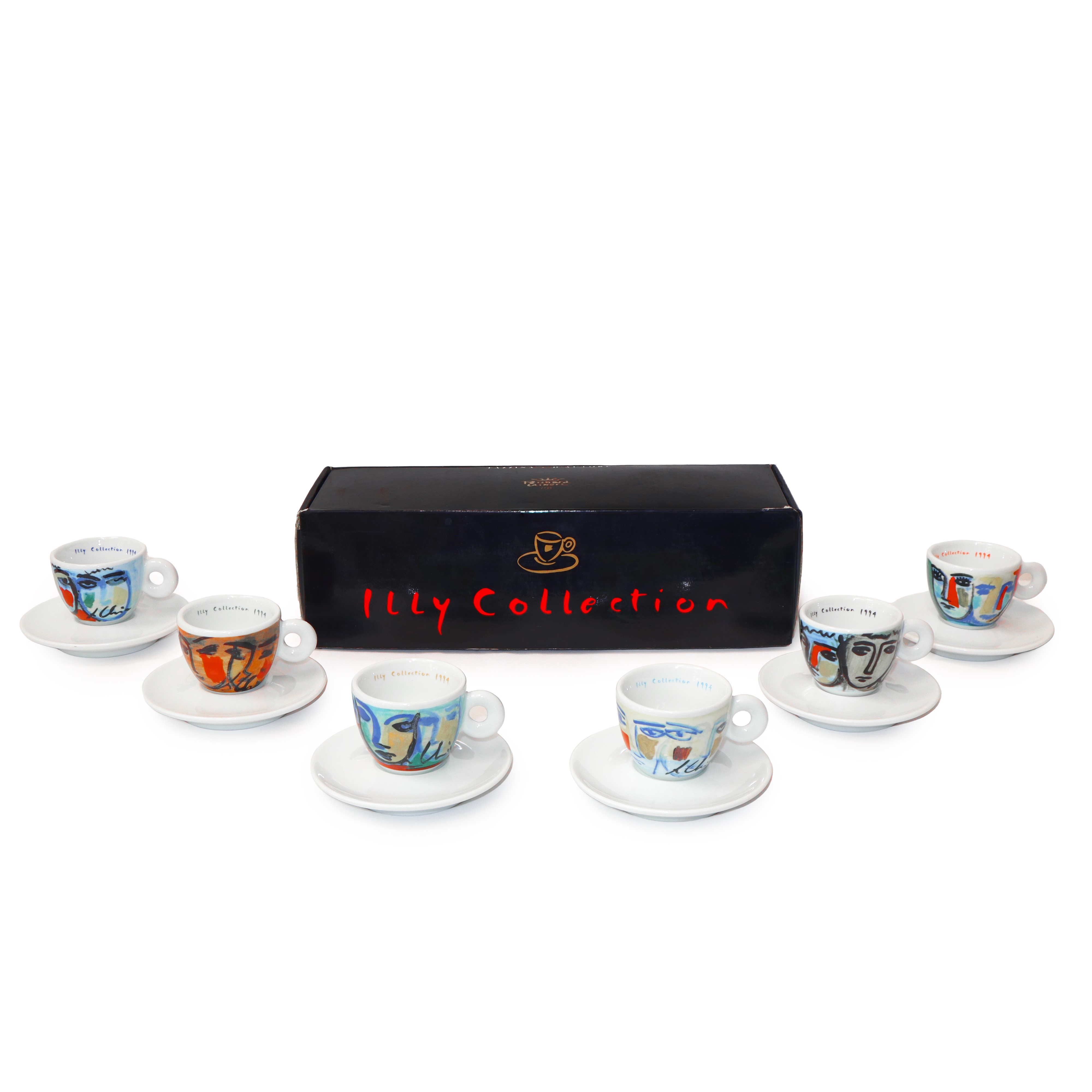 Sandro Chia, Servizio da caffè “Facce italiane” con 6 tazzine e piattini, ceramica