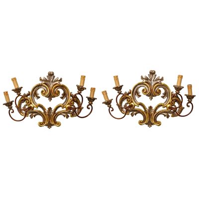 Coppia di Appliques in Metallo a 4 Luci su Base in Legno