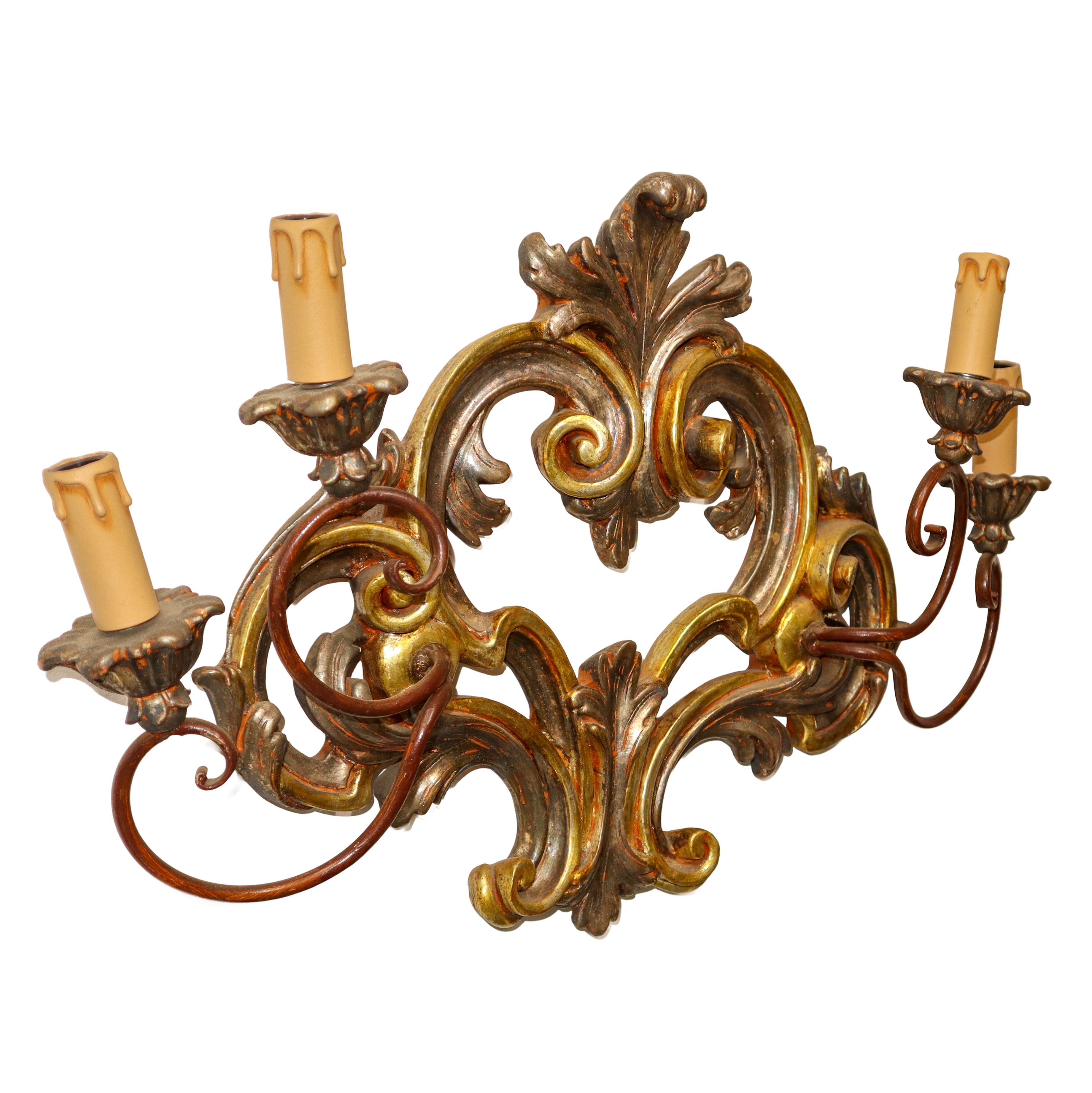 Coppia di Appliques in Metallo a 4 Luci su Base in Legno