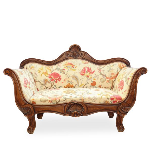 Two-seater boat-shaped sofa with floral upholstery