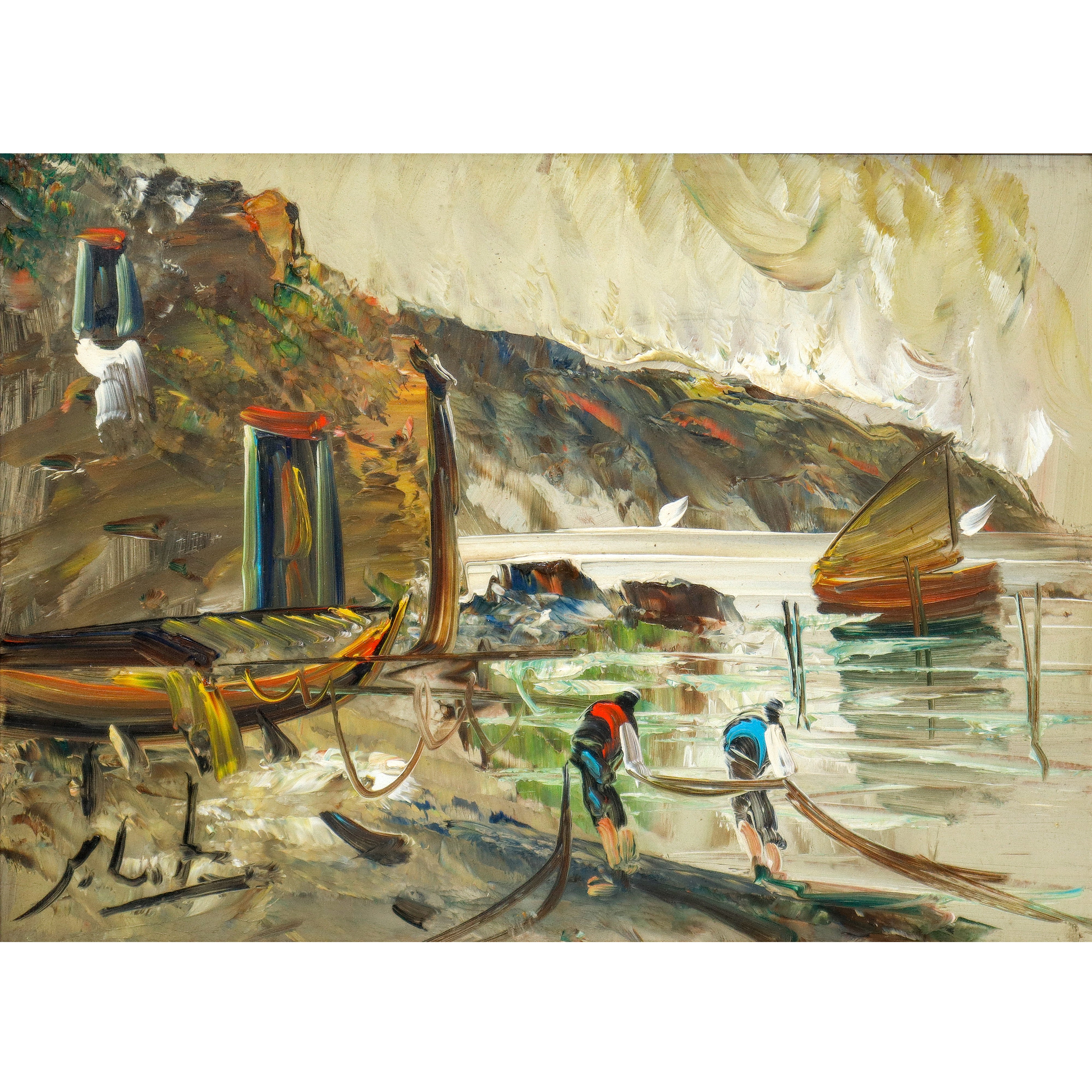 Marina con barche e pescatori, olio su masonite