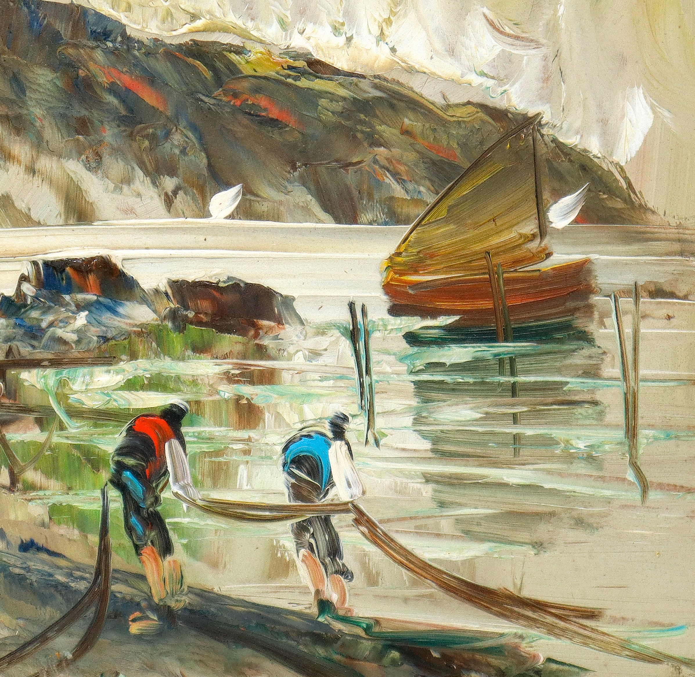 Marina con barche e pescatori, olio su masonite