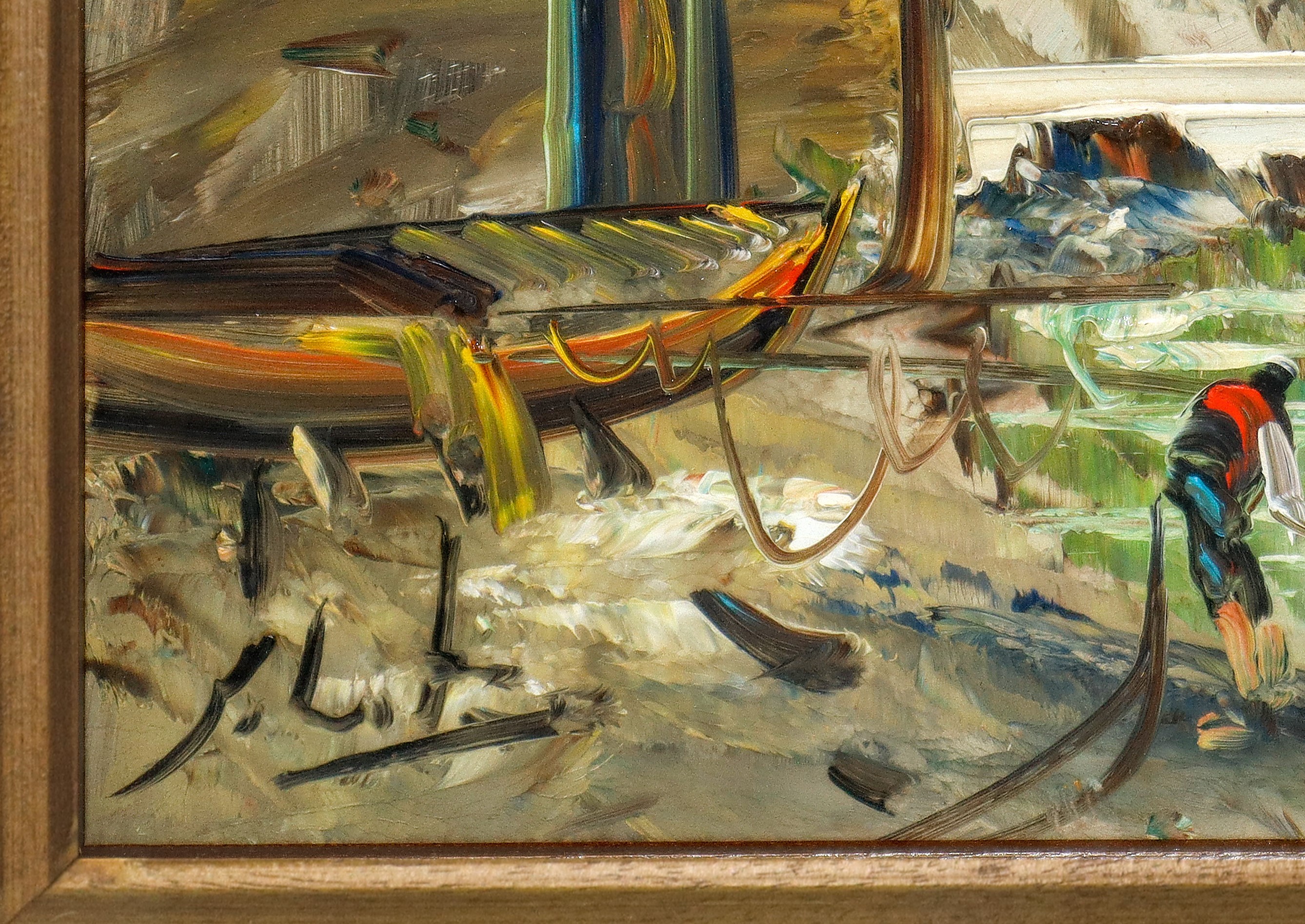 Marina con barche e pescatori, olio su masonite
