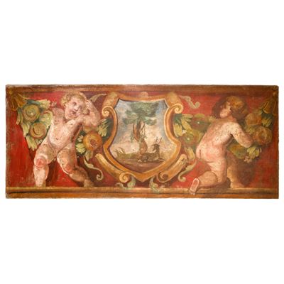 Sopraporta, Elegante Stemma D'affresco Riportato su Tela, Cartiglio Centrale con Cervo Affiancato...