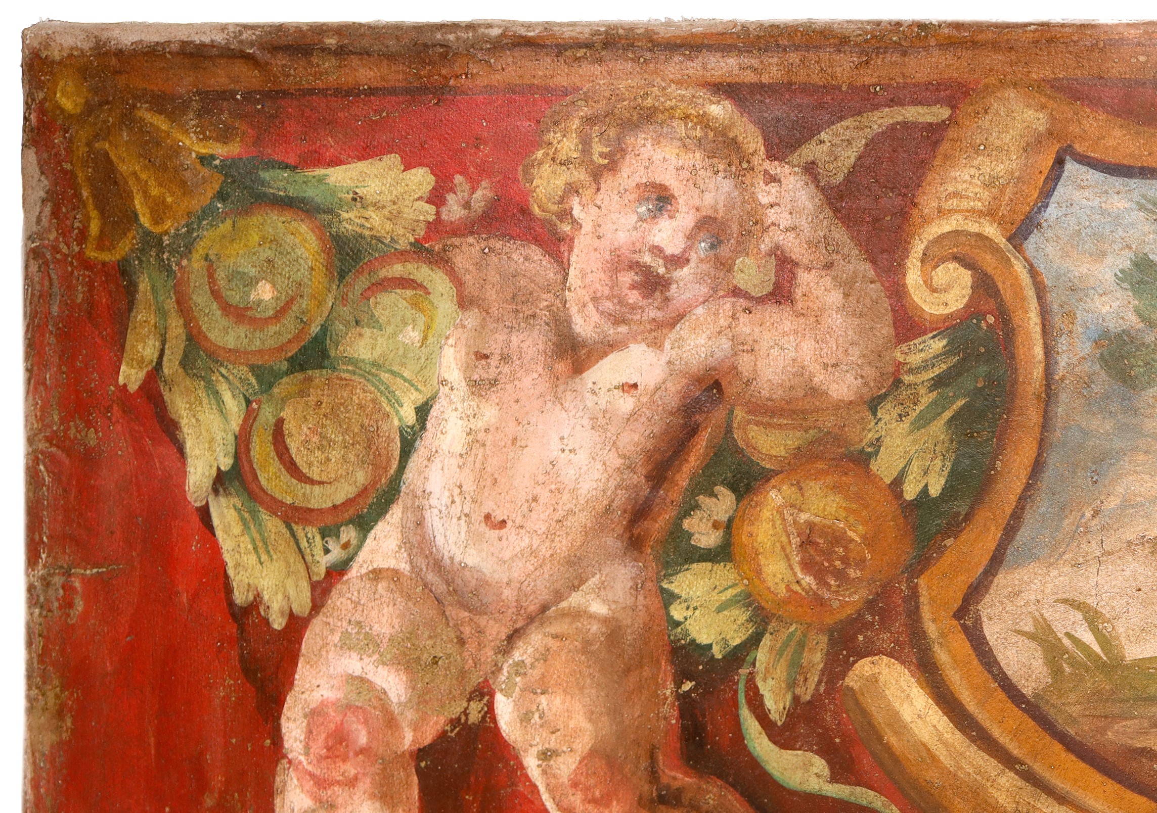 Sopraporta, Elegante Stemma D'affresco Riportato su Tela, Cartiglio Centrale con Cervo Affiancato...