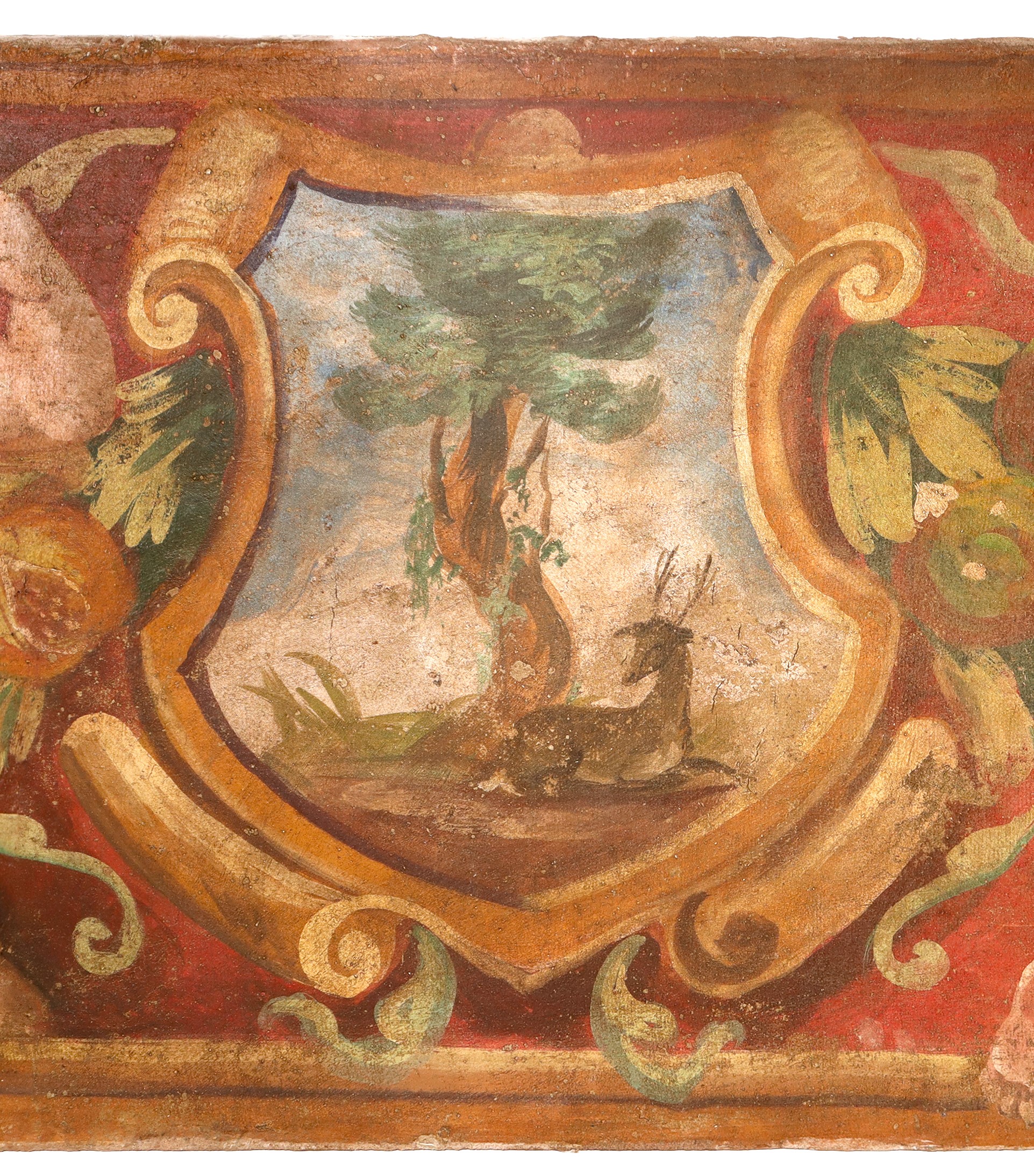Sopraporta, Elegante Stemma D'affresco Riportato su Tela, Cartiglio Centrale con Cervo Affiancato...