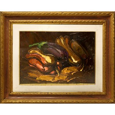 Natura morta di ortaggi, olio su cartone