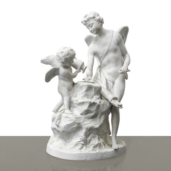 Louis-Simon  Boizot - Angels at the Fountain, White Porcelain Biscuit