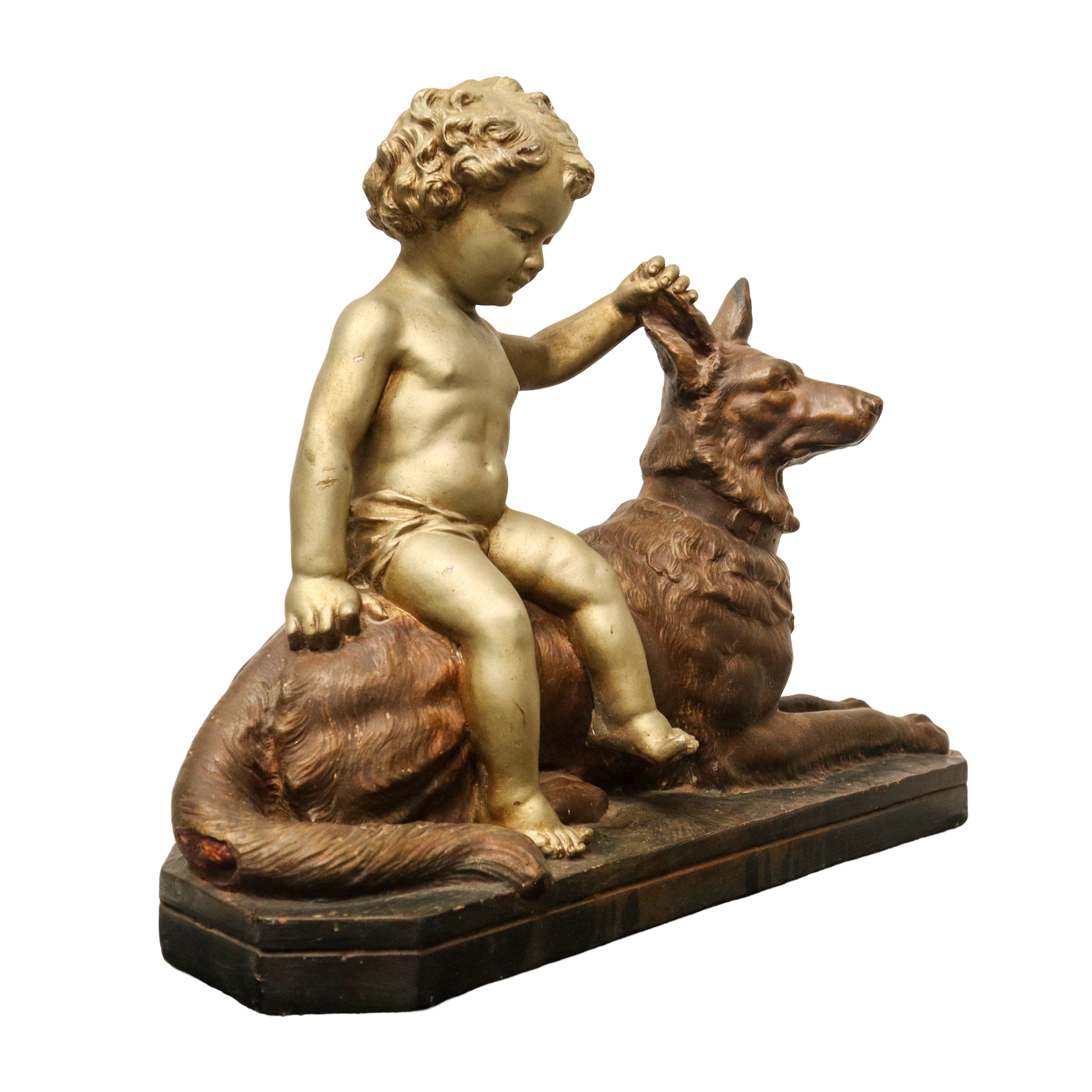 Bambino con Lupo, Scultura in Terracotta Policroma e Dorata