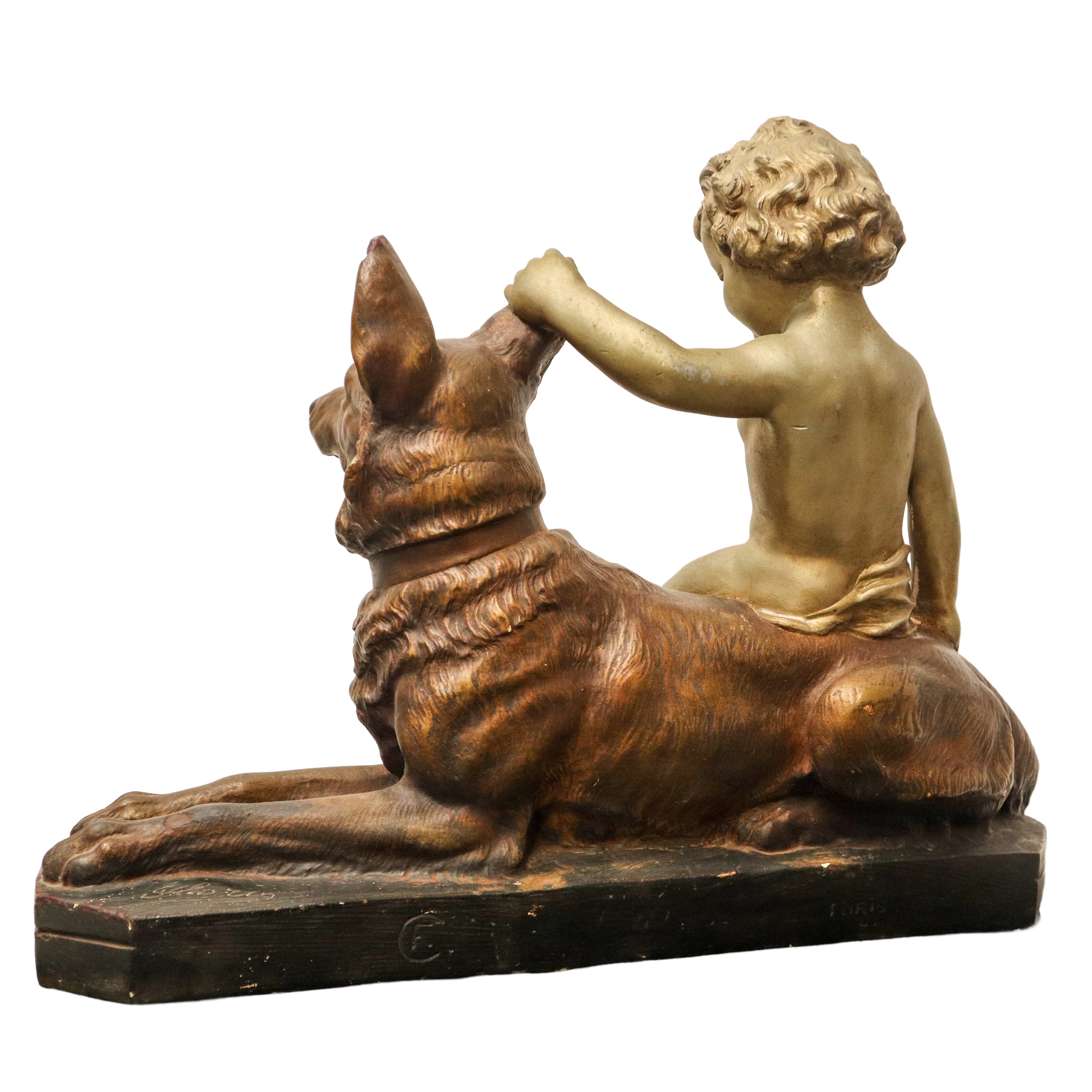 Bambino con Lupo, Scultura in Terracotta Policroma e Dorata