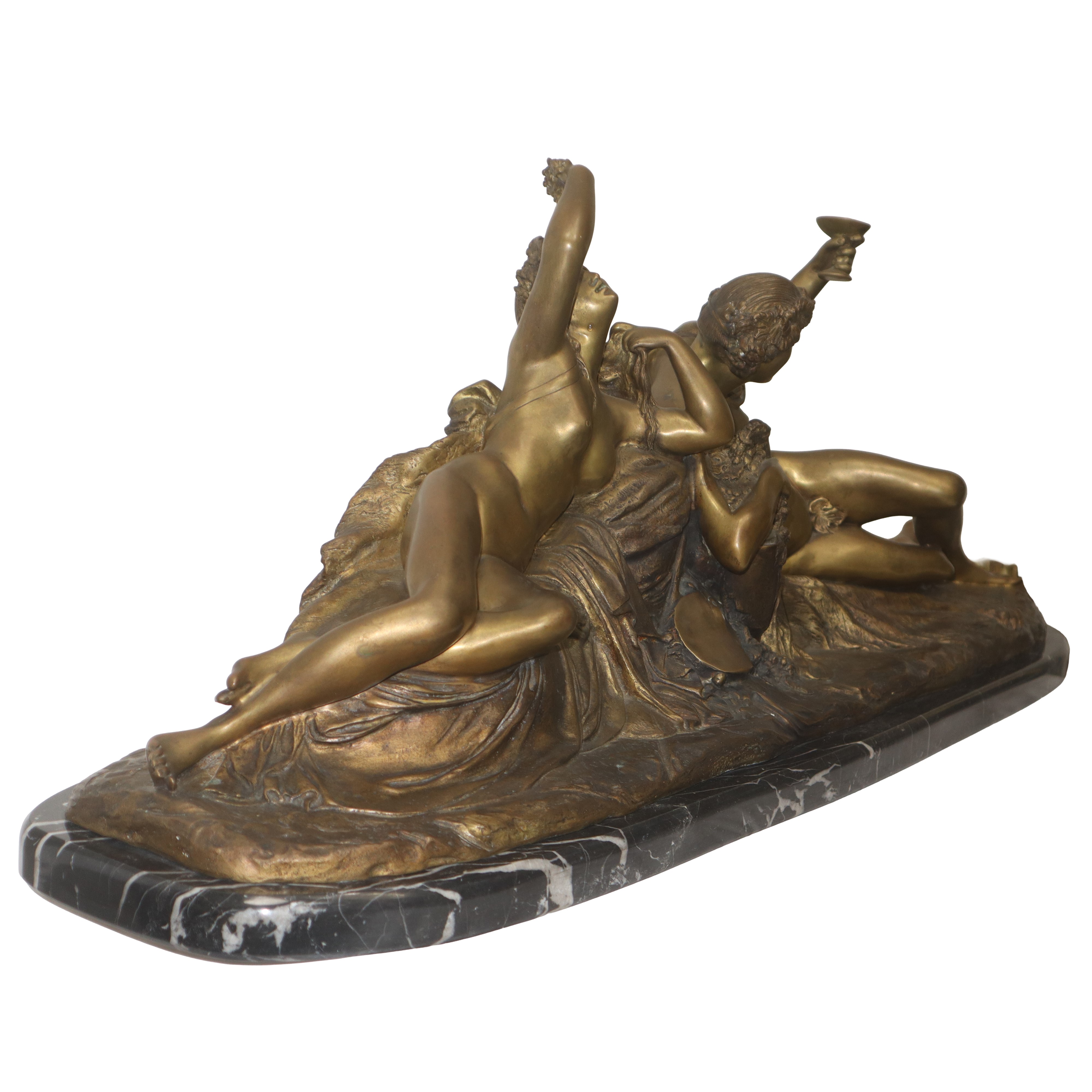 Jean-jacques Pradier - "baccanale", Grande Scultura in Bronzo a Patina Scoperta con Base in Marmo