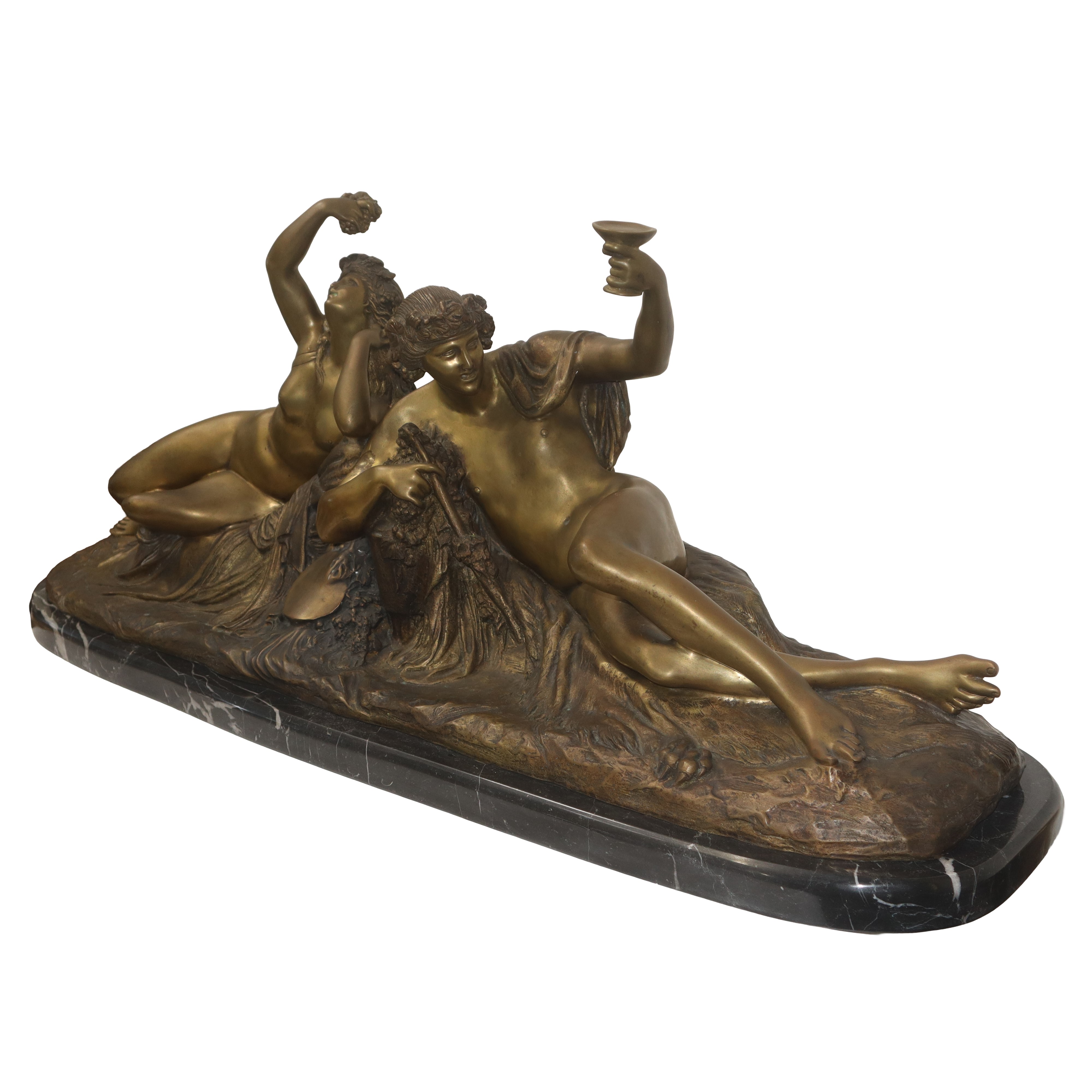 Jean-jacques Pradier - "baccanale", Grande Scultura in Bronzo a Patina Scoperta con Base in Marmo
