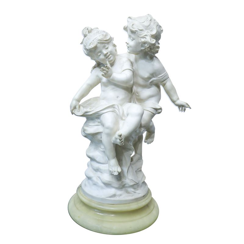 Giuseppe Bessi - Grande Scultura, Due Fanciulli, con Base in Alabastro di Volterra e Figure in Sc...