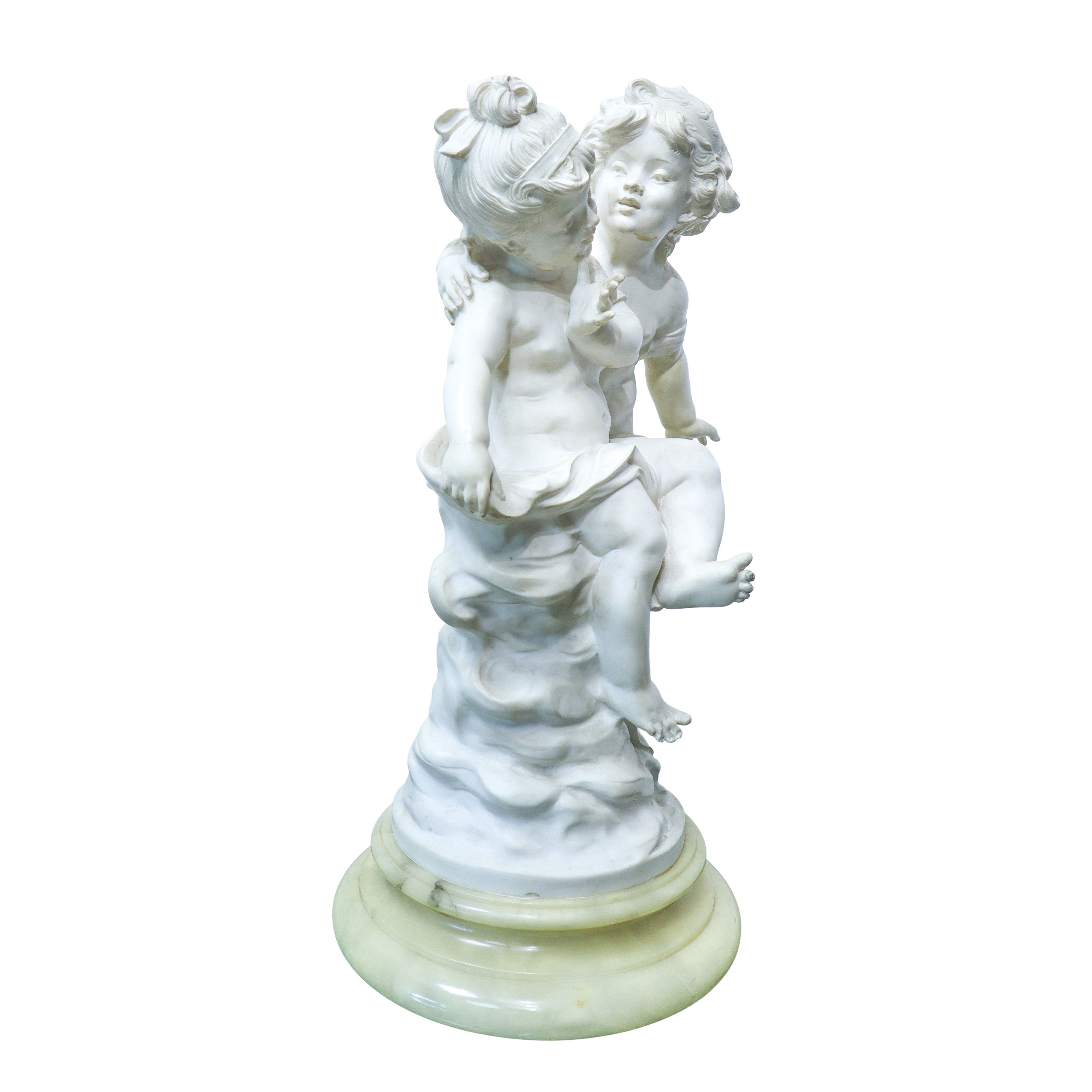 Giuseppe Bessi - Grande Scultura, Due Fanciulli, con Base in Alabastro di Volterra e Figure in Sc...