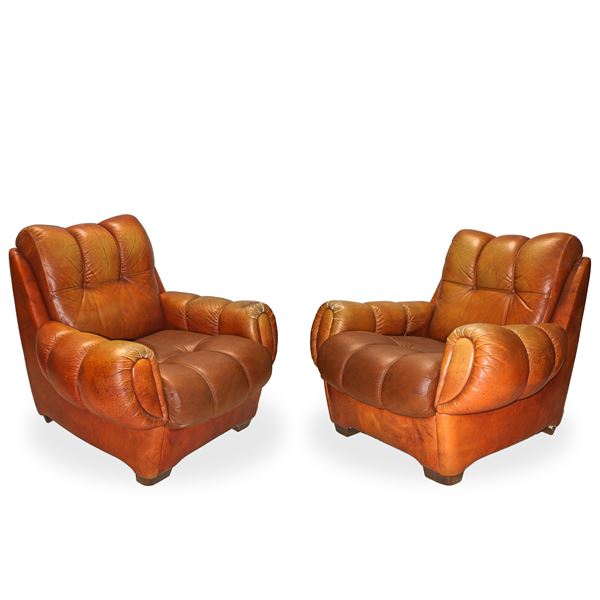 Coppia di poltrone Joe DiMaggio in pelle color cognac