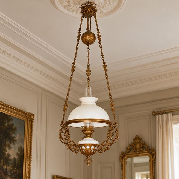 Electrified chandelier with opaline oil lamp