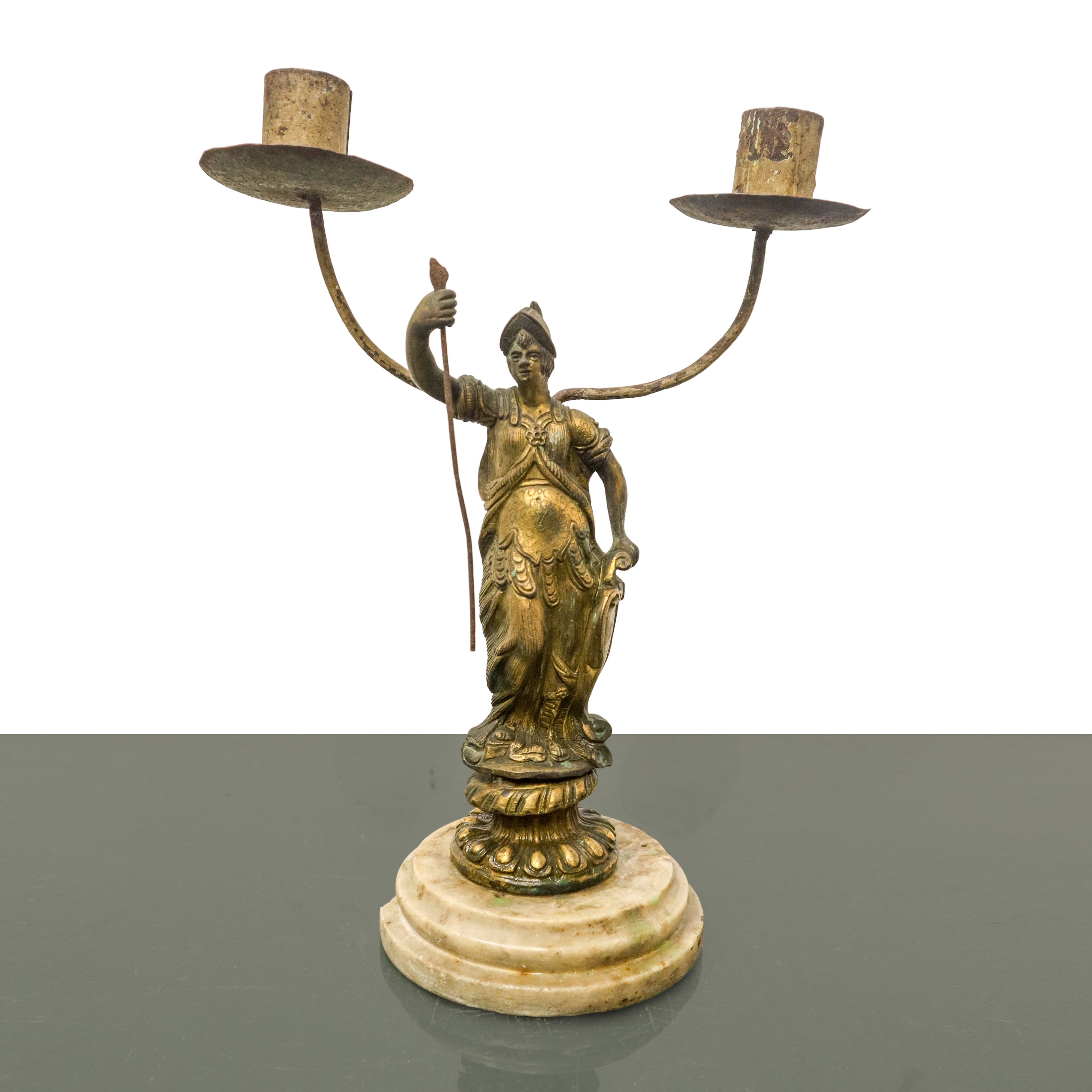 Coppia di Candelabri in Bronzo a Due Luci con Base in Marmo con Raffigurazioni di Divinità Classi...