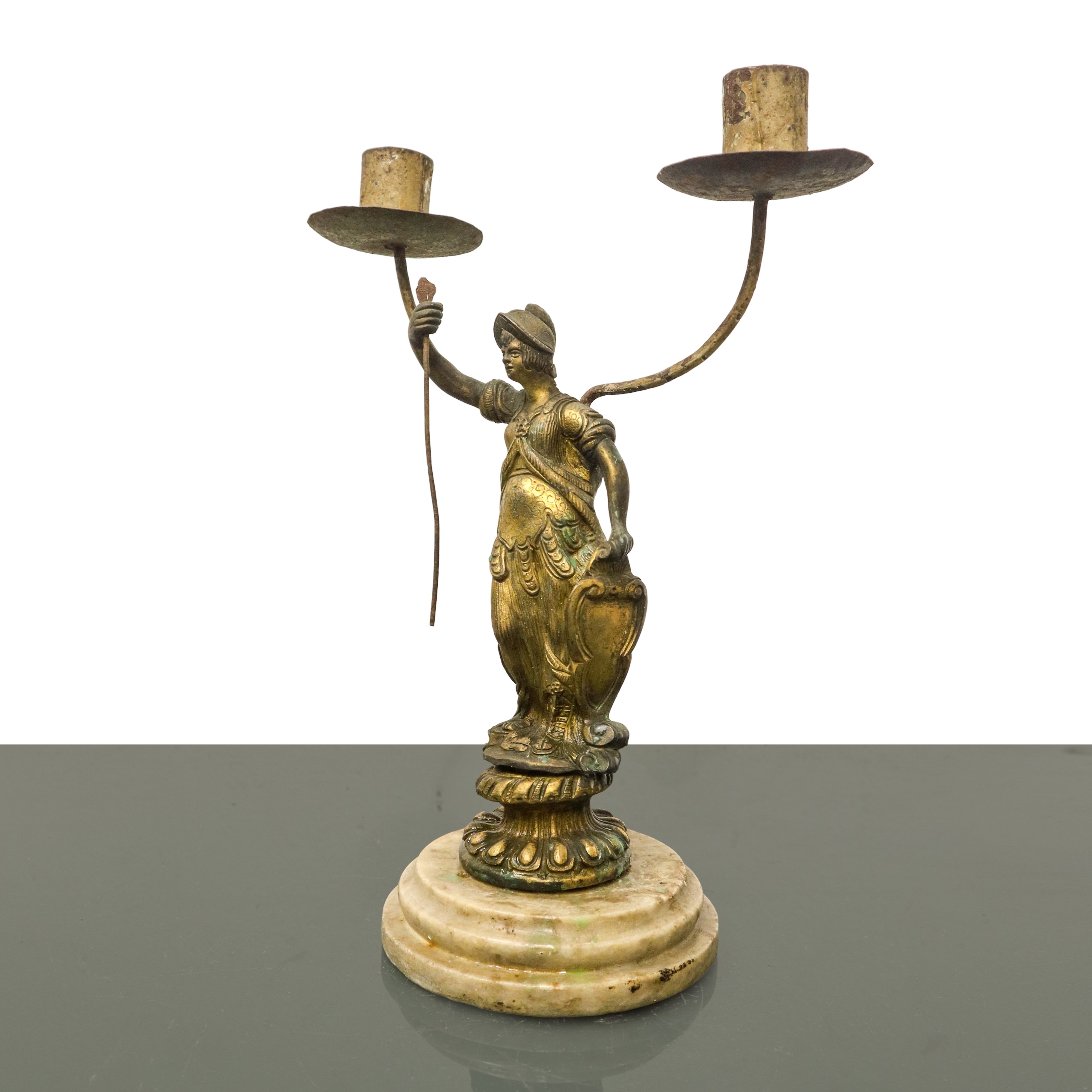 Coppia di Candelabri in Bronzo a Due Luci con Base in Marmo con Raffigurazioni di Divinità Classi...