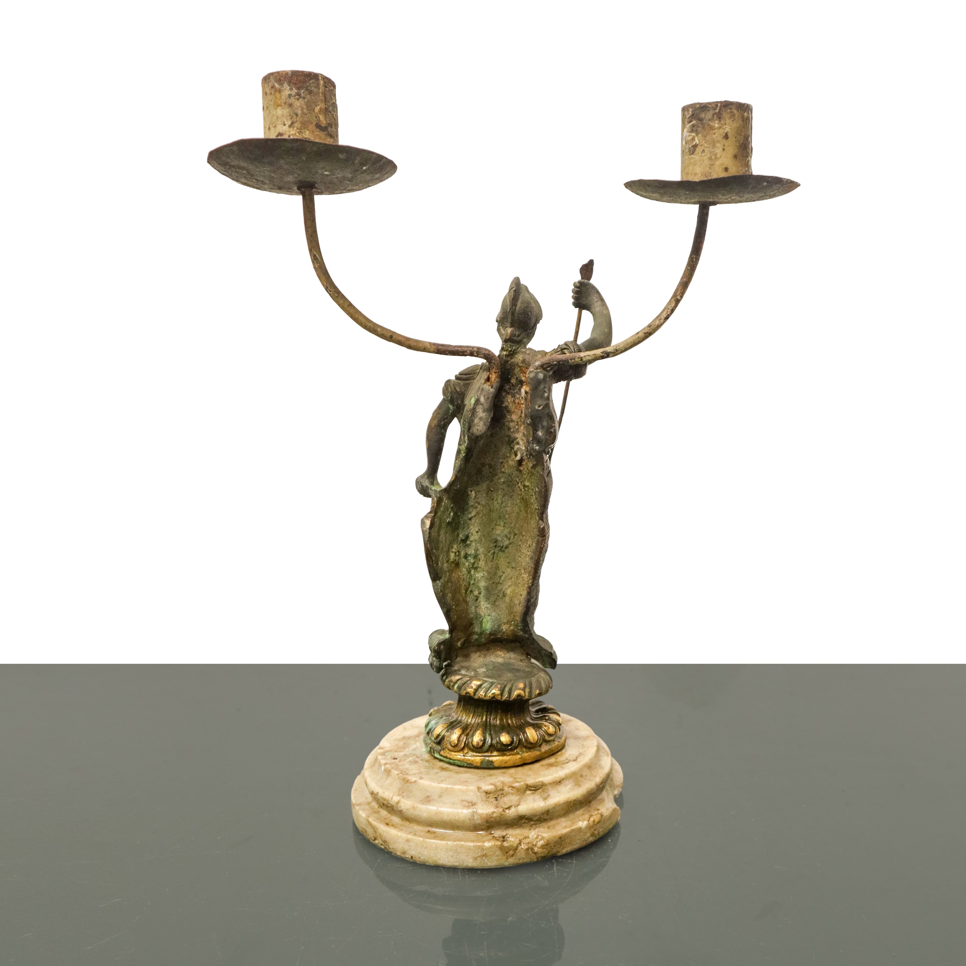 Coppia di Candelabri in Bronzo a Due Luci con Base in Marmo con Raffigurazioni di Divinità Classi...