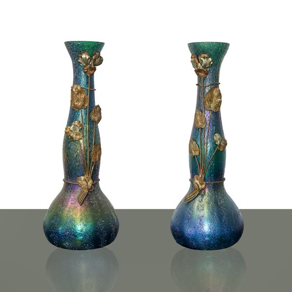 Pair of iridescent Murano glass vases with floral metal frame on the front