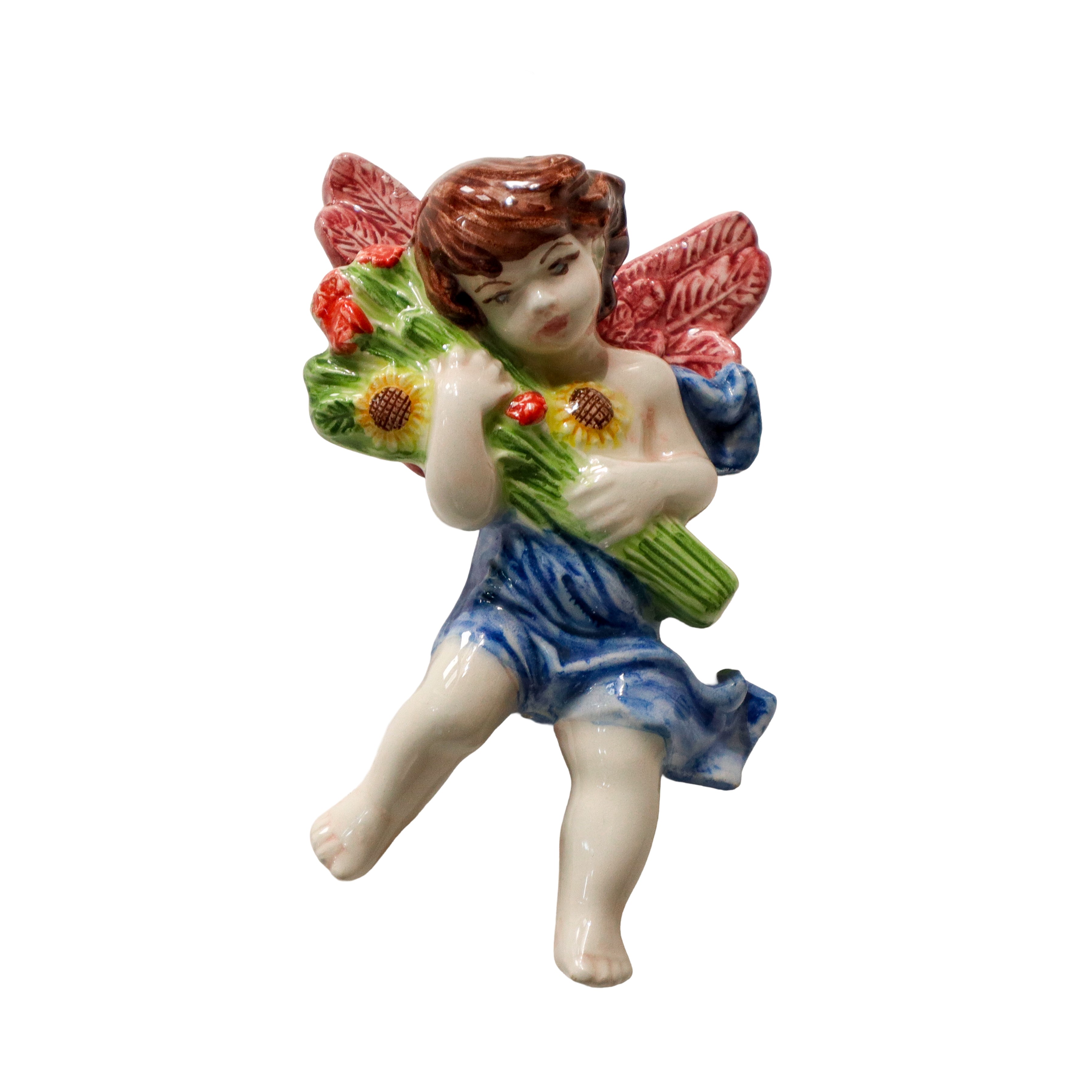 Angeli, maiolica policroma raffiguranti le Quattro Stagioni, set di quattro elementi