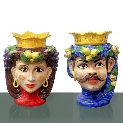 Coppia di Teste di Moro in Maiolica di Caltagirone Dipinta Policroma