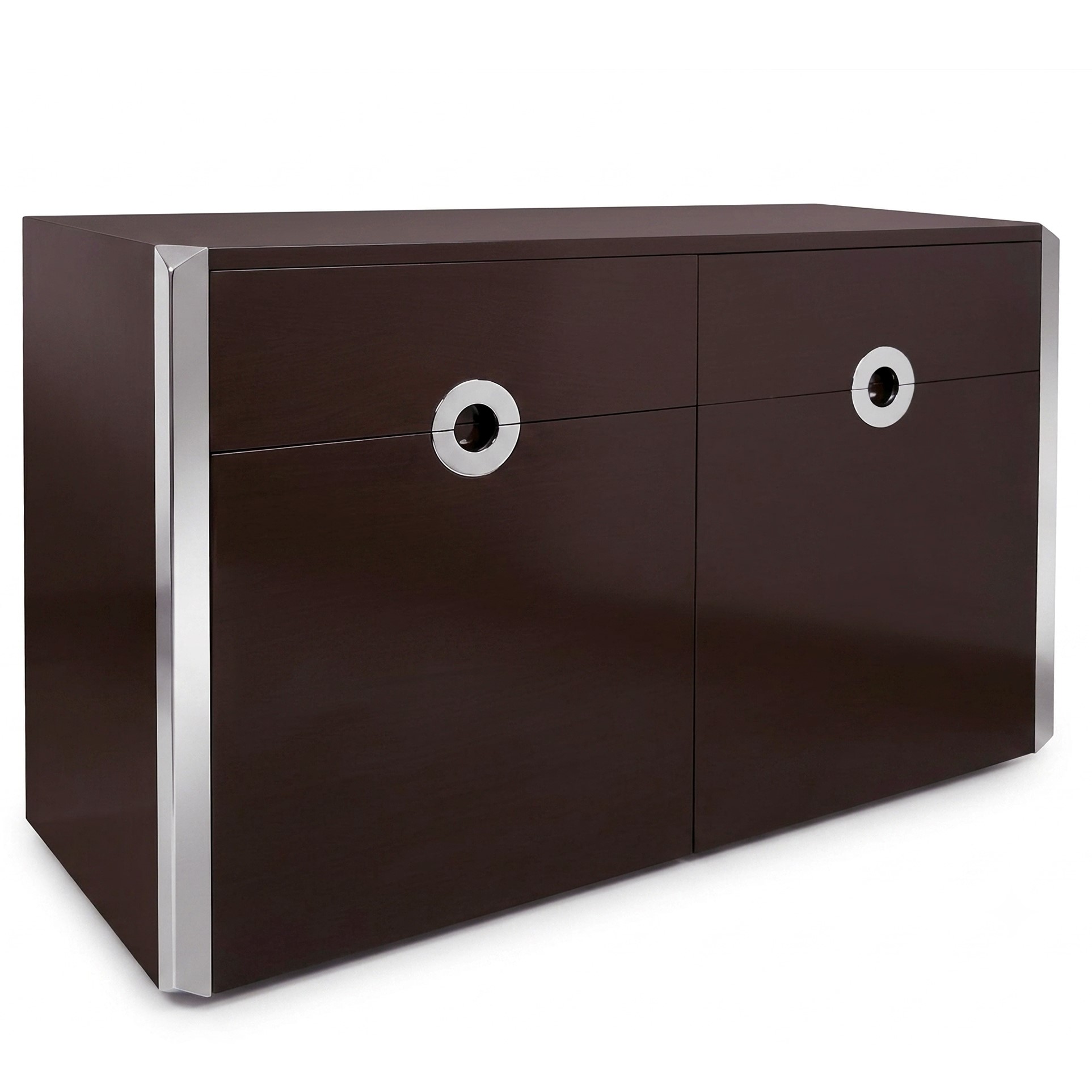 Willy Rizzo per Mario Sabot - Credenza bassa modello Alveo laccata marrone con cromature argentat...