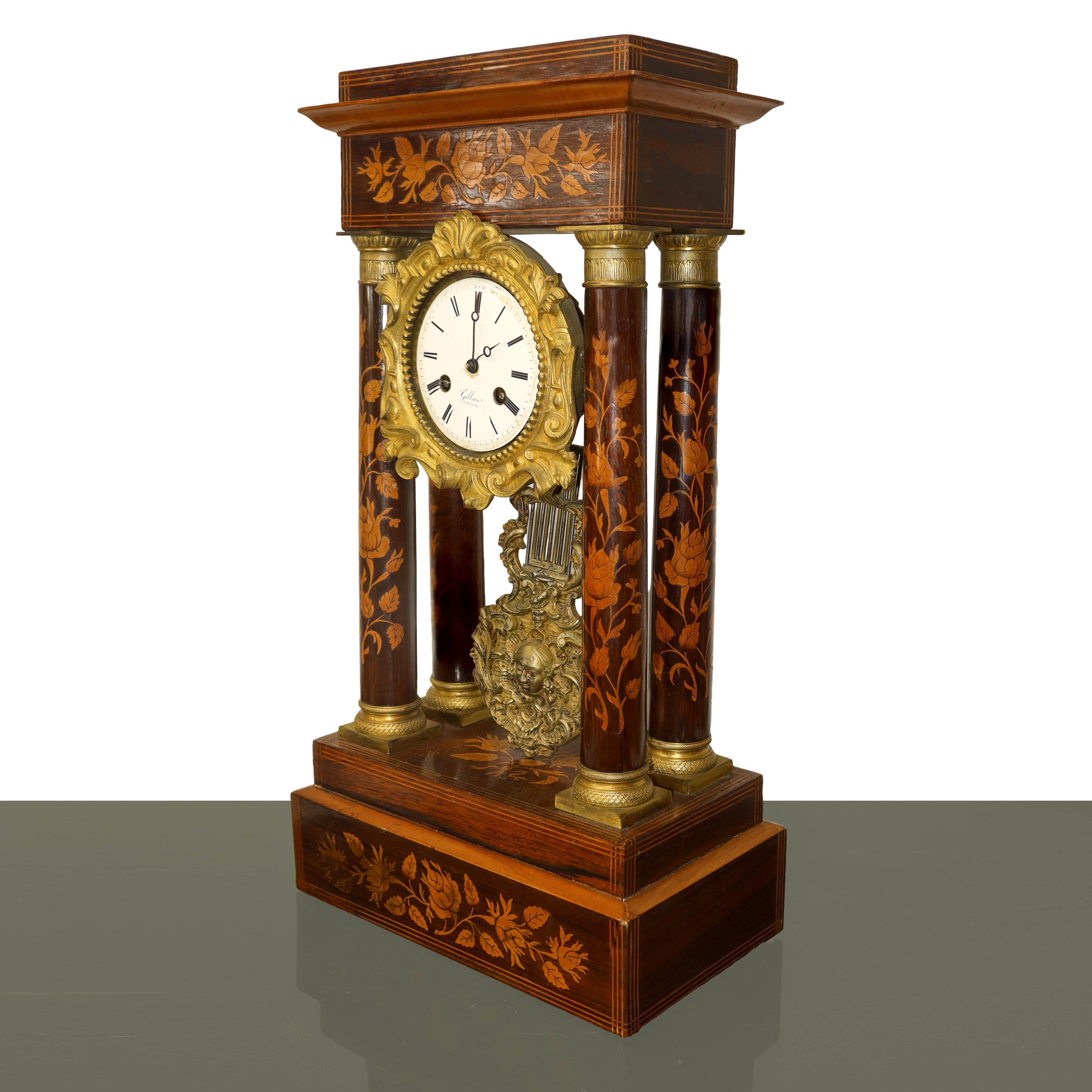 Orologio con Sostegni a Colonne con Intarsi in Legni Chiari Floreali