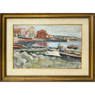 P. Caruso, Marina con barche, olio su tela