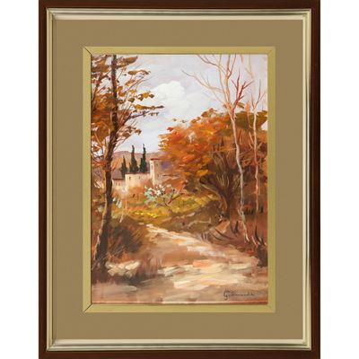 Strada di campagna con alberi, olio su masonite