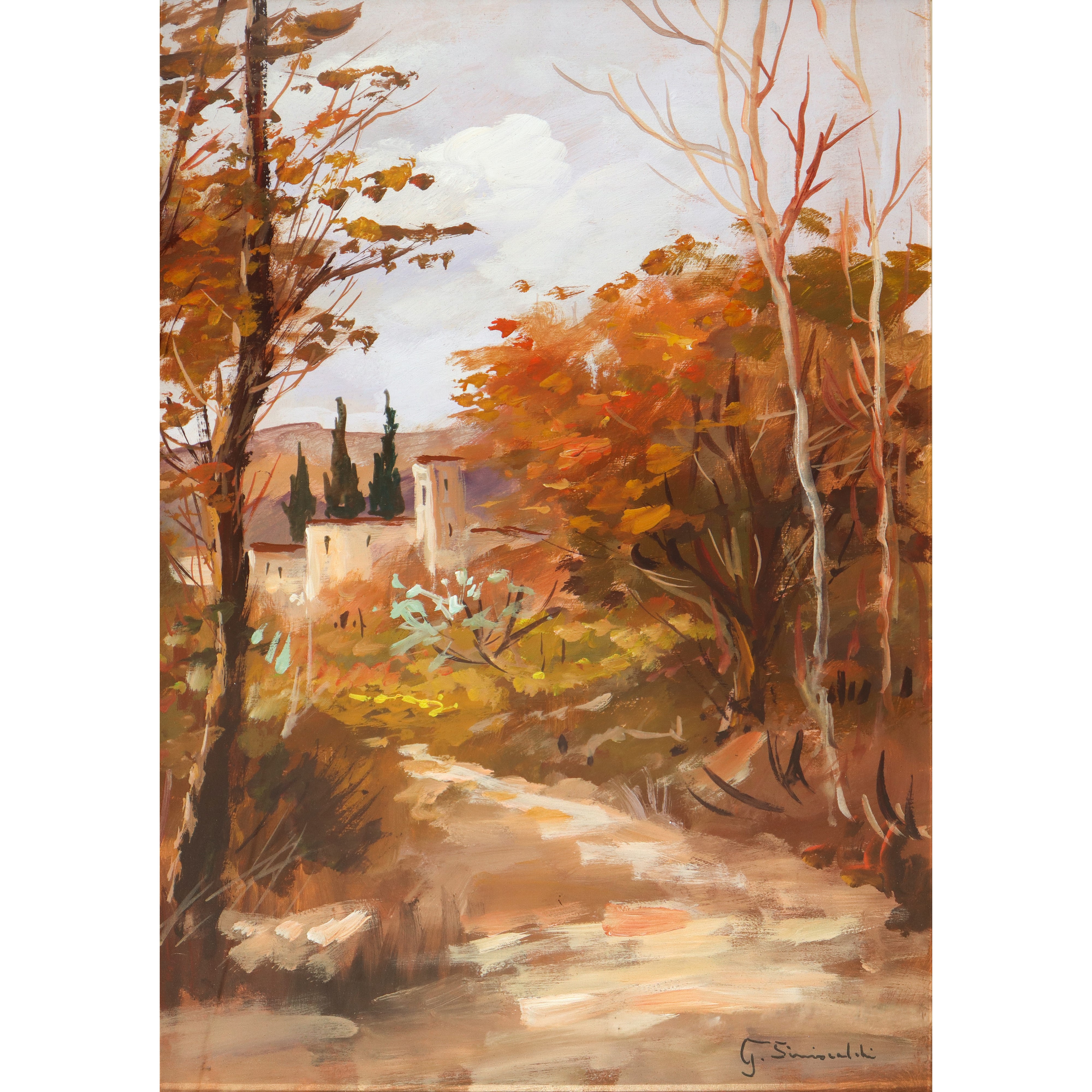 Giancarlo Siniscalchi - Strada di campagna con alberi, olio su masonite