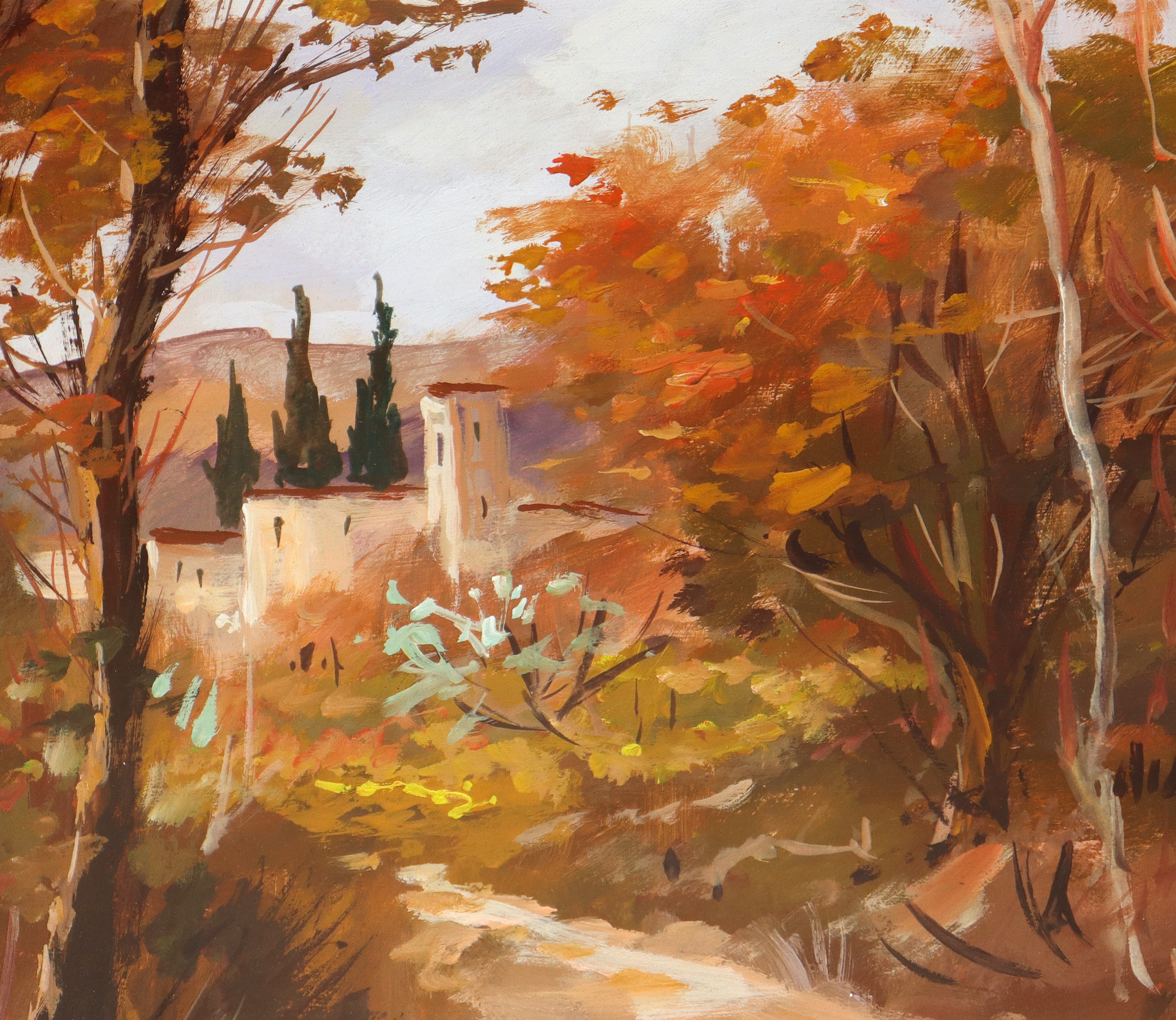 Giancarlo Siniscalchi - Strada di campagna con alberi, olio su masonite