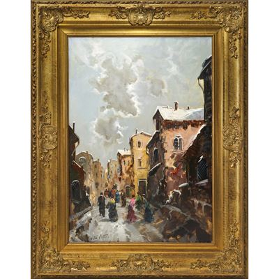 Strada con passanti, olio su tela