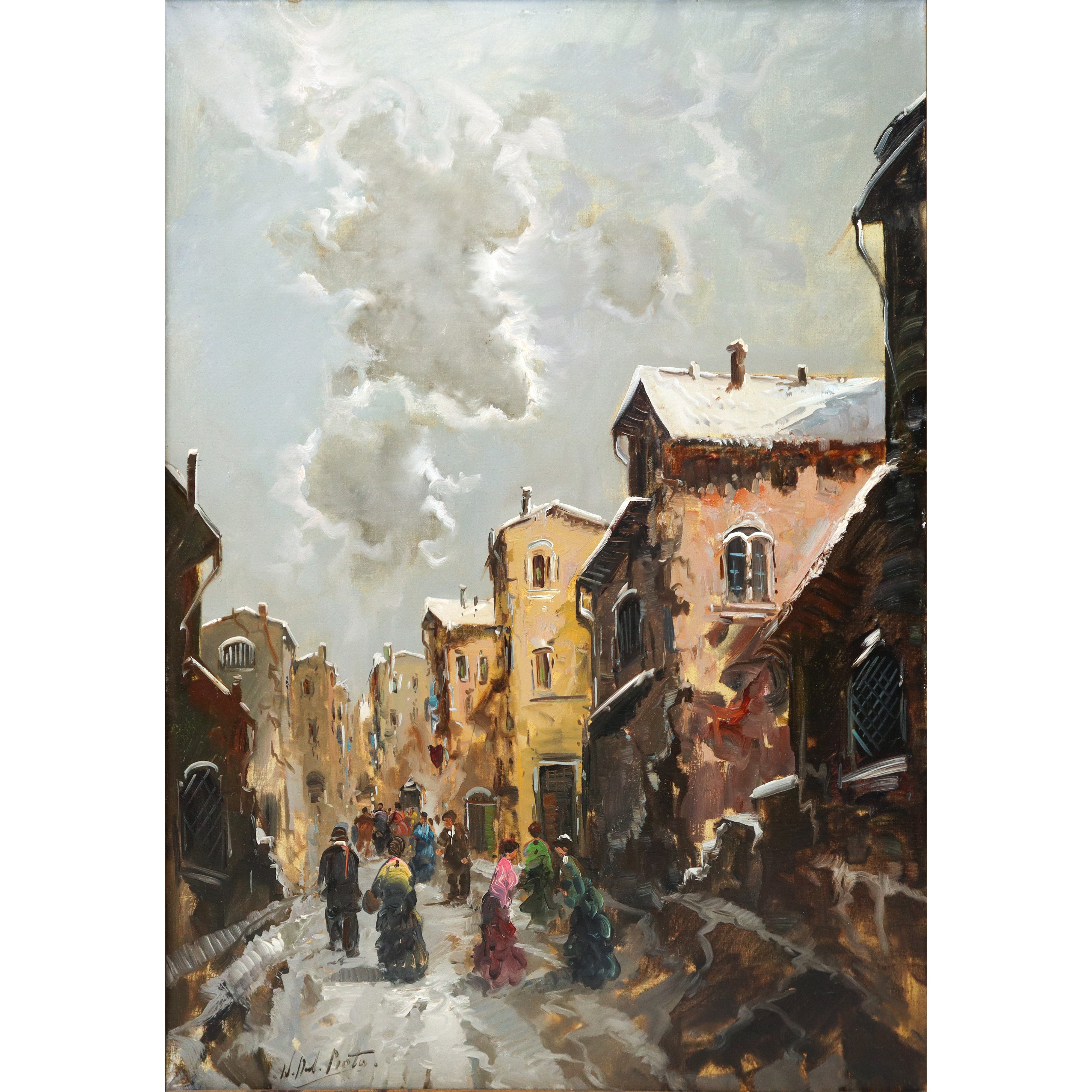 Strada con passanti, olio su tela
