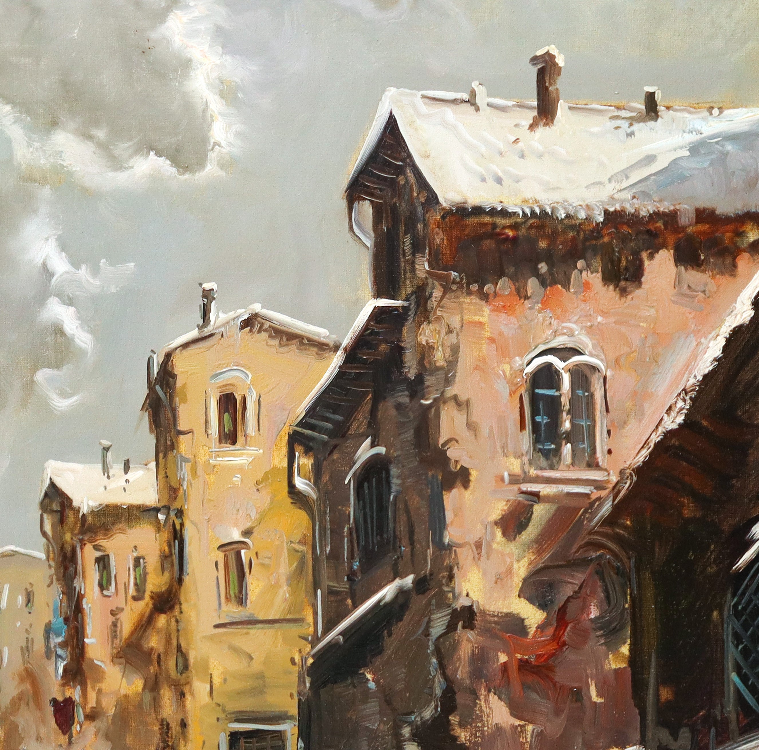 Strada con passanti, olio su tela