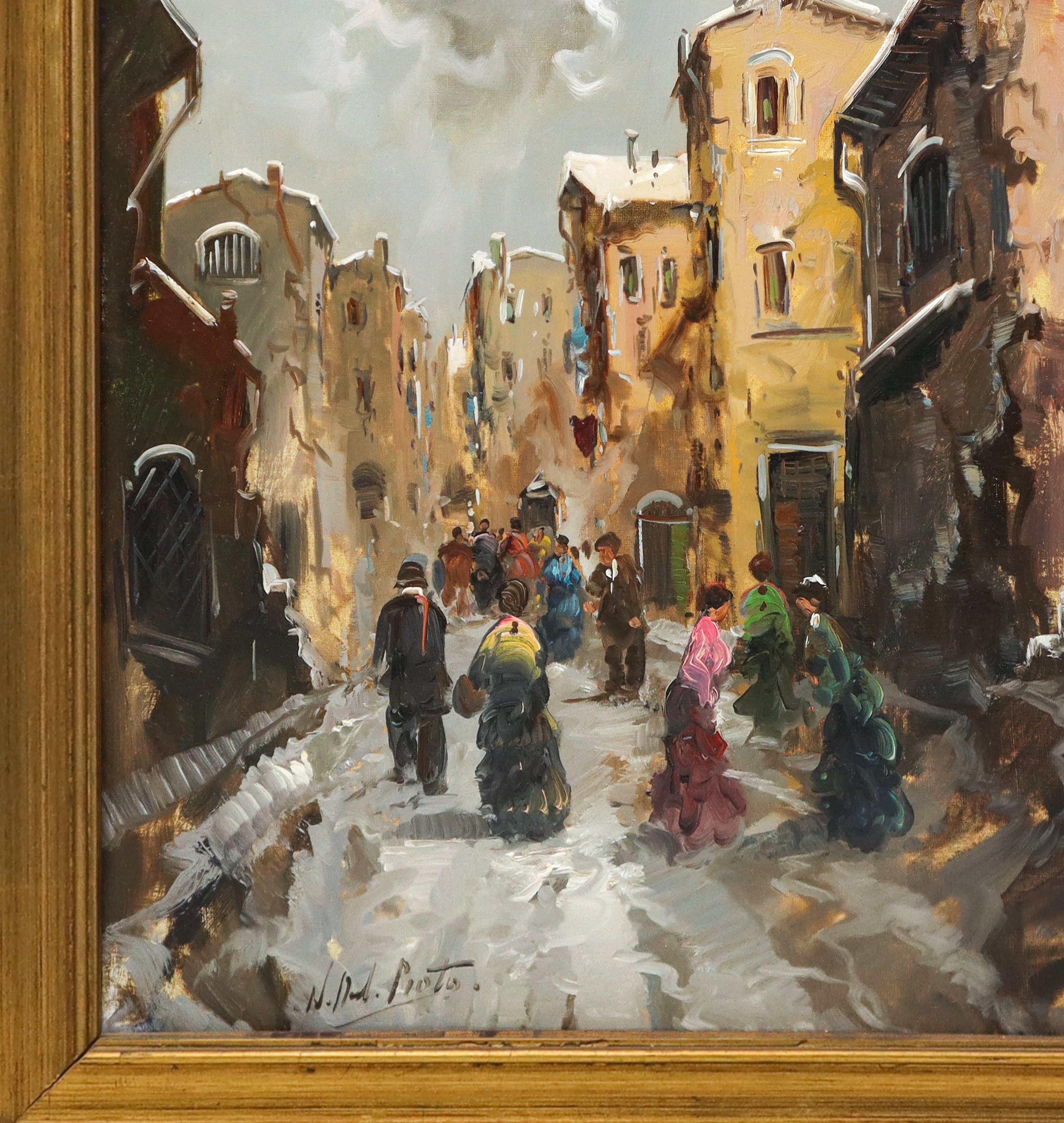 Strada con passanti, olio su tela