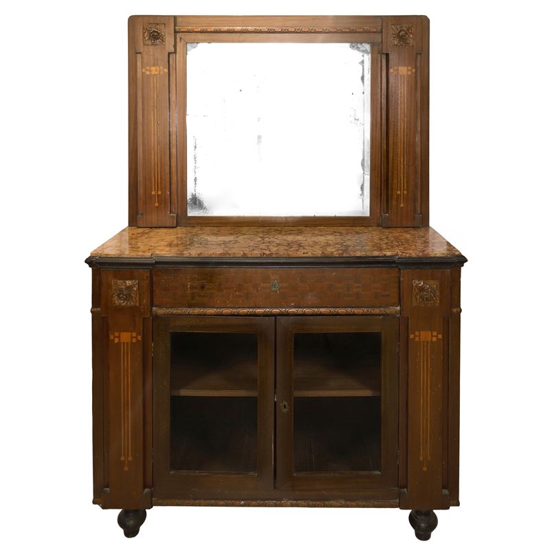 Credenza Bassa con Specchiera Stile Liberty, Marmo al Piano