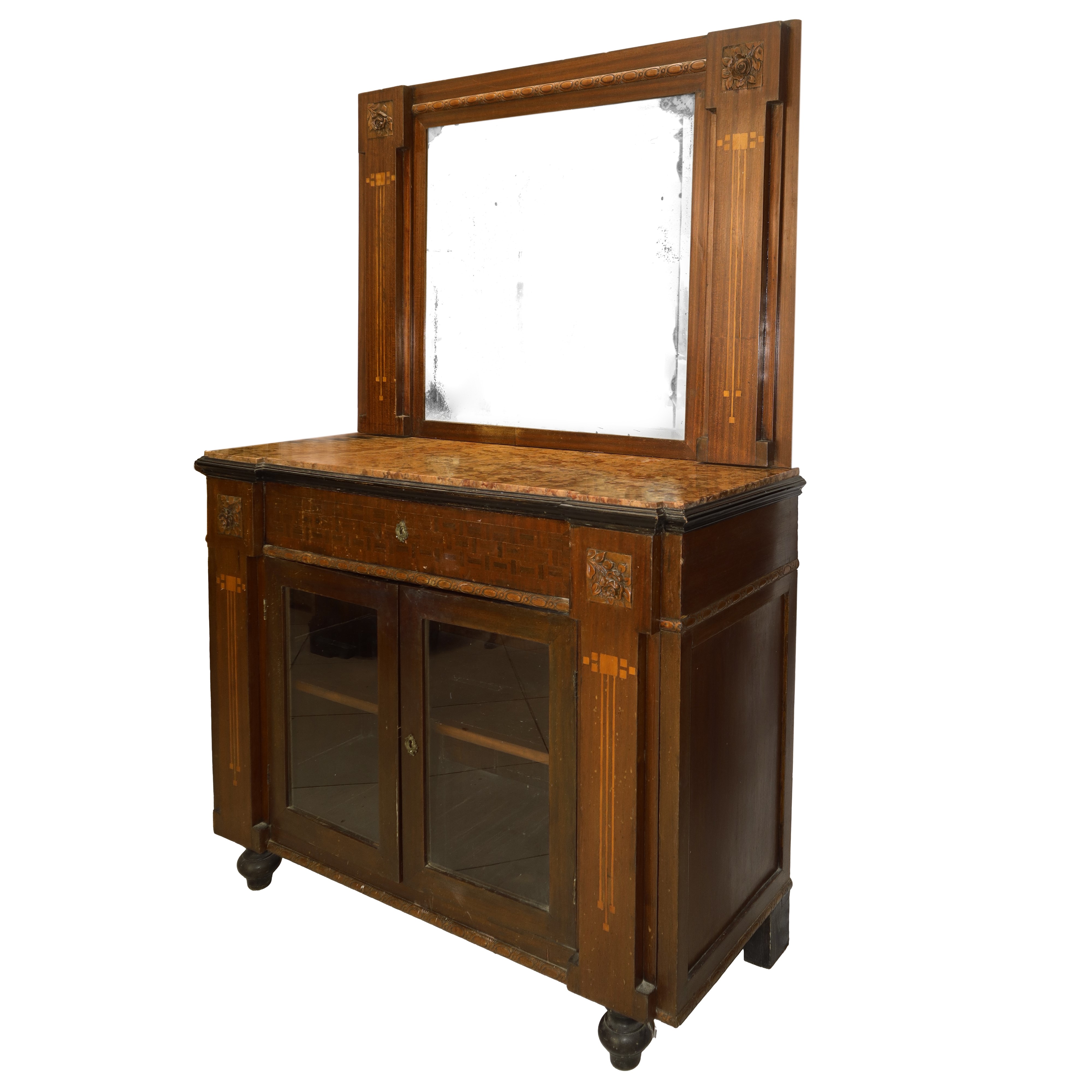 Credenza Bassa con Specchiera Stile Liberty, Marmo al Piano