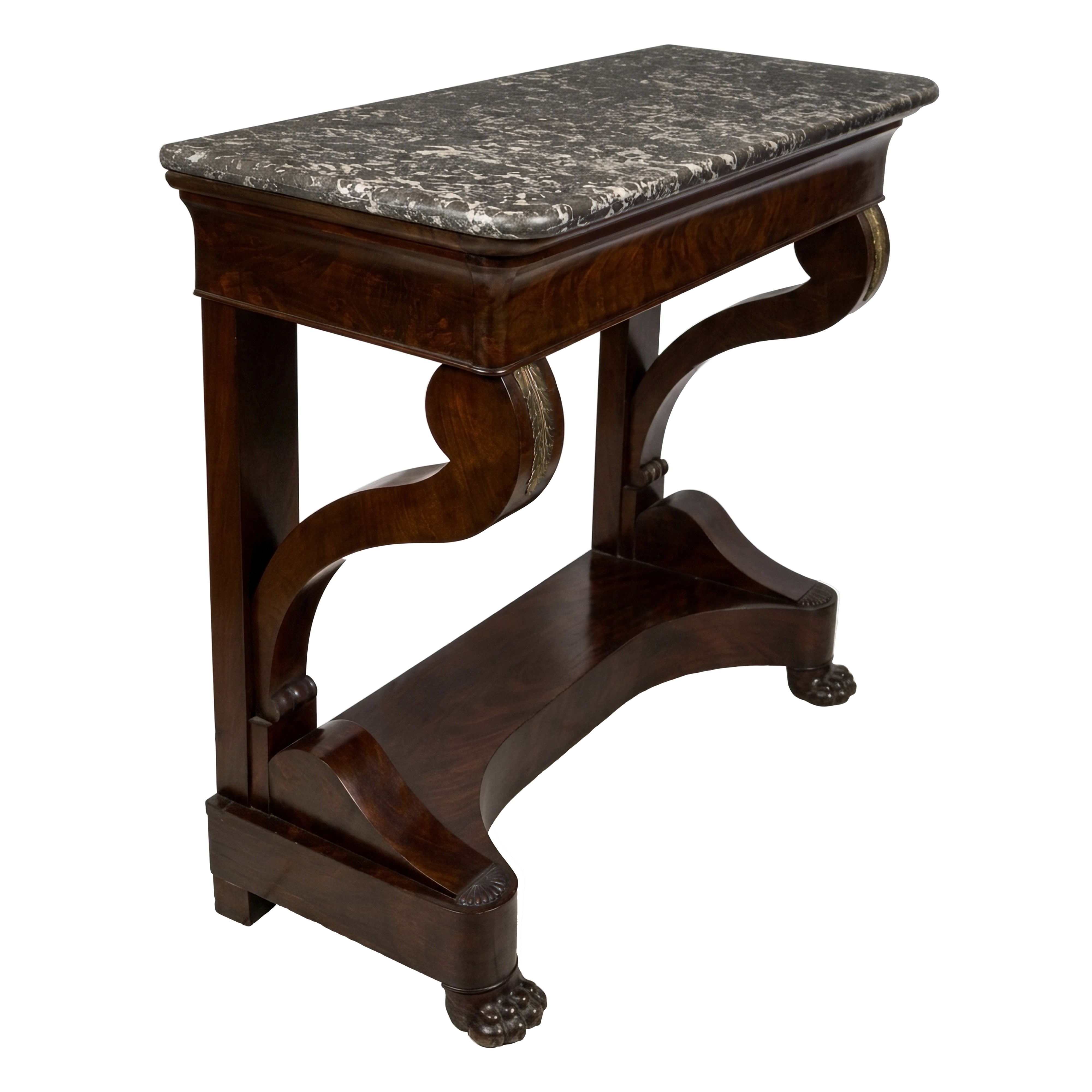 Consolle Carlo X in Legno Scolpito con Lastronatura in Piuma di Mogano Arricchita da Bronzi Cesel...