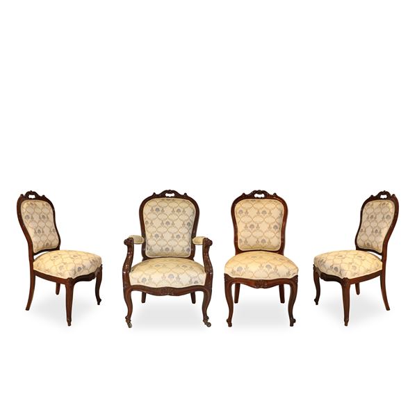 No. 3 chairs and a wooden armchair with floral upholstery