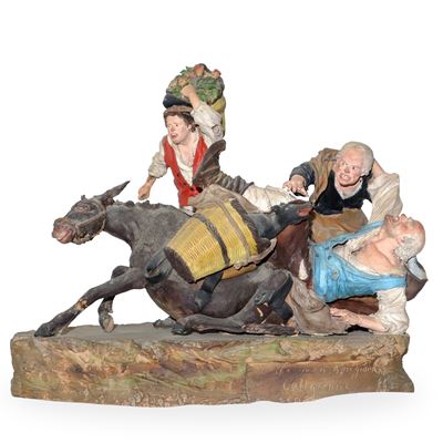 Caduta Dell'asino, Gruppo di Figurine in Terracotta Policroma