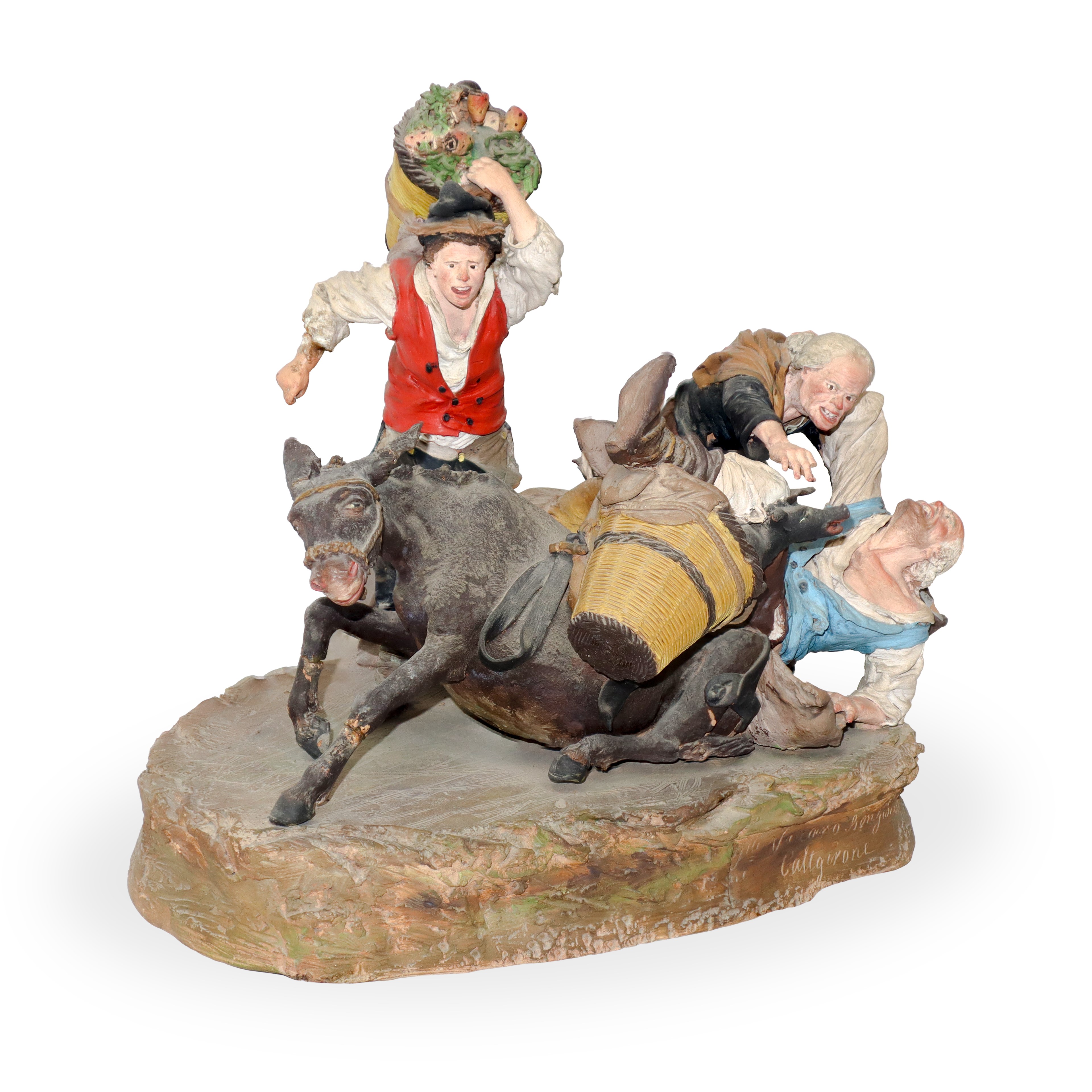 Bongiovanni Vaccaro - Caduta Dell'asino, Gruppo di Figurine in Terracotta Policroma