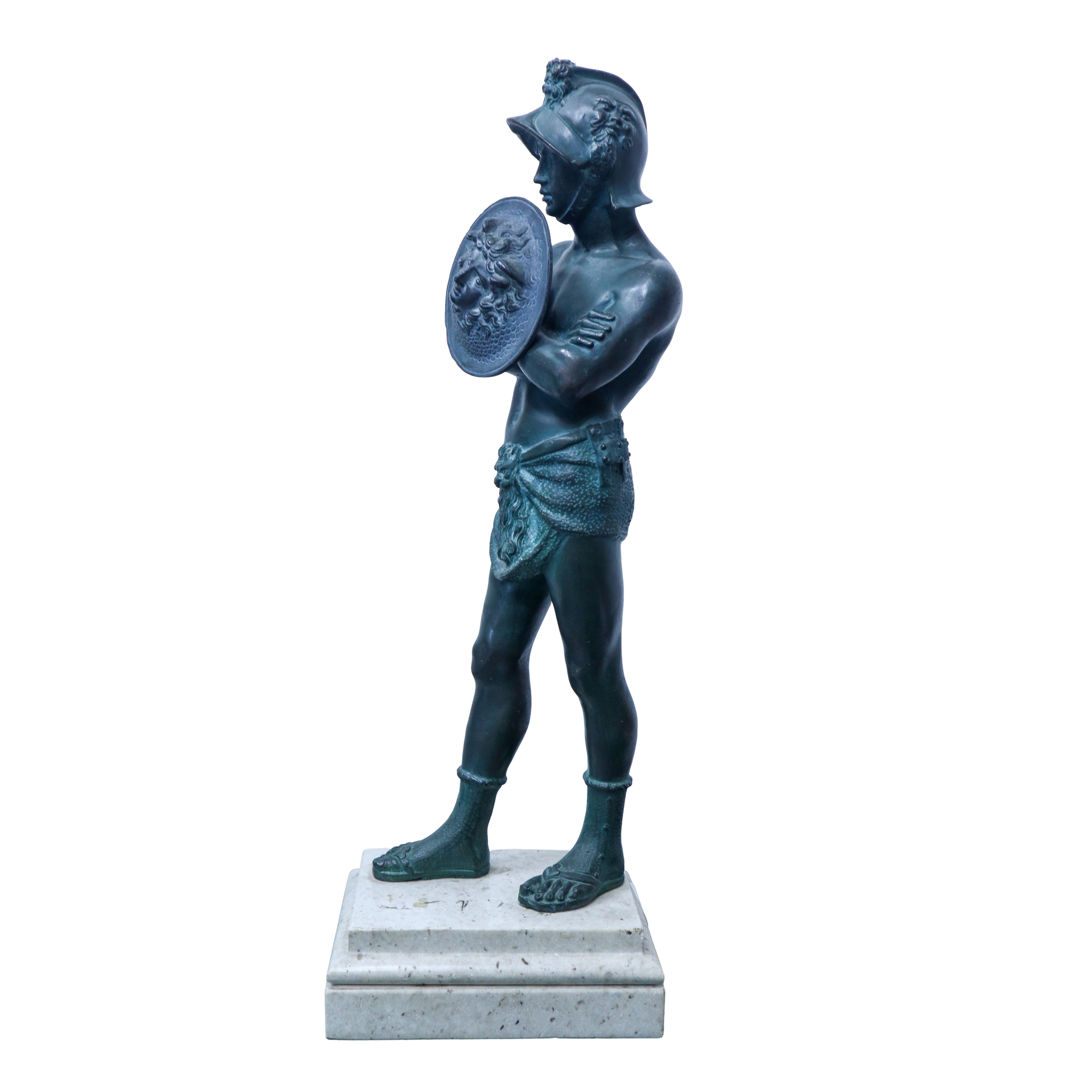 Gladiatore, Scultura in Bronzo Patinato Verde su Base in Marmo