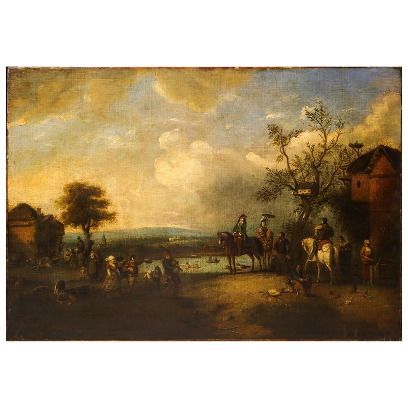 Jan Wouwerman - Paesaggio Lacustre con Cavalieri