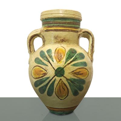 Quartara in Maiolica di Caltagirone con Grande Fiore Policromo Dipinto al Fronte