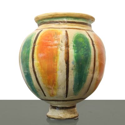 Boccia in Maiolica di Caltagirone Decorato a Bande Policrome nei Toni del Verde e Dell'arancione